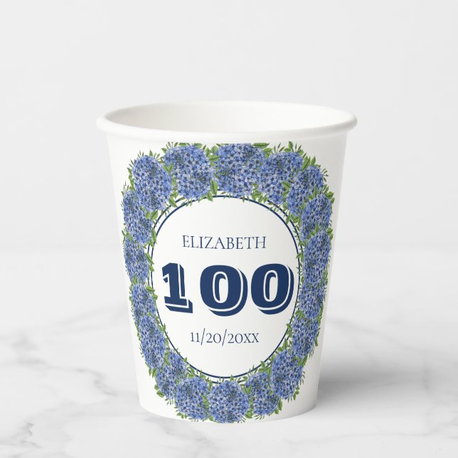 Vasos De Papel Elegante Fiesta de Cumpleaños 100 de Hortensia Flo (Anverso)