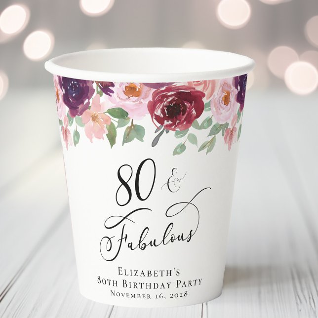 Vasos De Papel Elegante fiesta de cumpleaños número 80 de Floral (Subido por el creador)