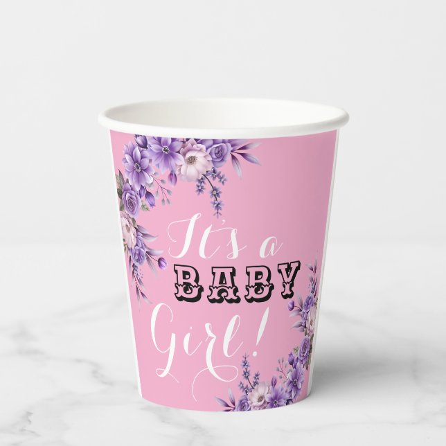 Vasos De Papel Elegante Fiesta de ducha con flores rosadas (Reverso )