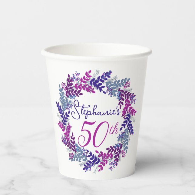 Vasos De Papel Elegante Fiesta de la Guerra Morada 50 cumpleaños (Anverso)