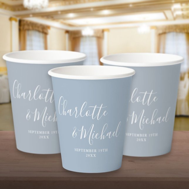 Vasos De Papel Elegante firma de escritura Dusty Blue Boda (Elegant Signature Script Dusty Blue Wedding Paper Cups)