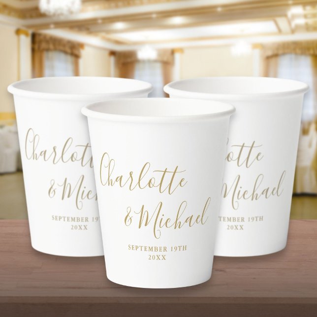 Vasos De Papel Elegante firma de escritura oro Boda (Elegant Signature Script Gold Wedding Paper Cups)