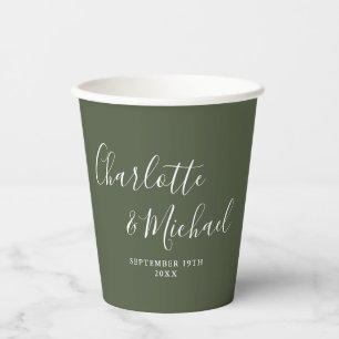 Vasos De Papel Elegante firma de letra script oliva verde boda