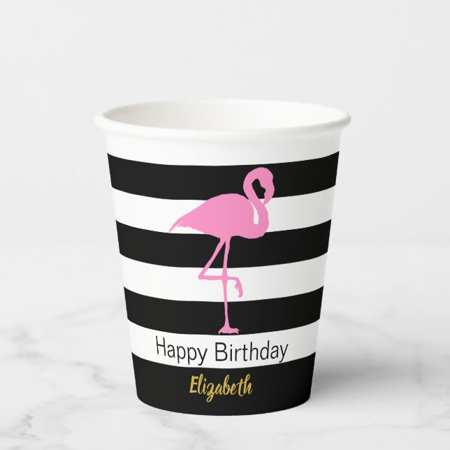 Vasos De Papel Elegante Flamingo rosa Banda negra y blanca (Anverso)