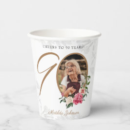 Vasos De Papel Elegante floral 90 cumpleaños Personalizado de oro