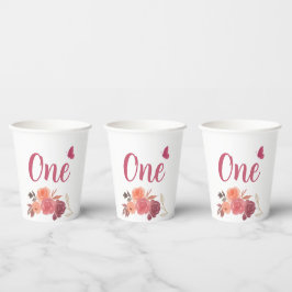 Vasos De Papel Elegante Floral Acuarela Cumpleaños Uno 1er Cumple