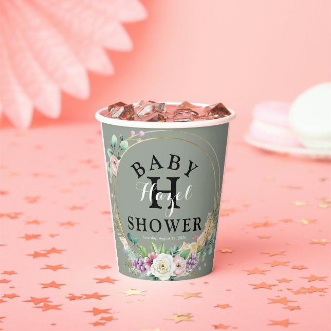 Vasos De Papel Elegante Floral Baby Shower 8oz (in situ)