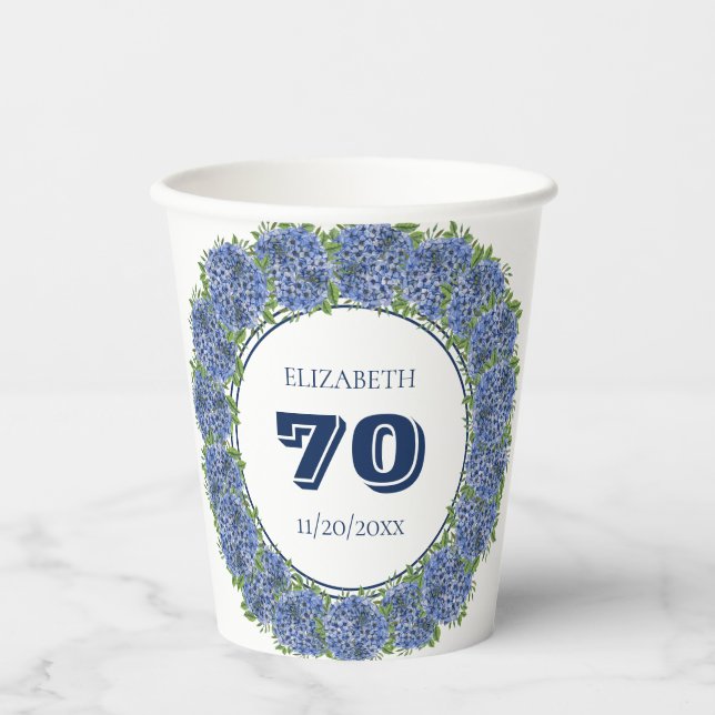 Vasos De Papel Elegante Floral Blue Hydrangeas 70 cumpleaños (Anverso)