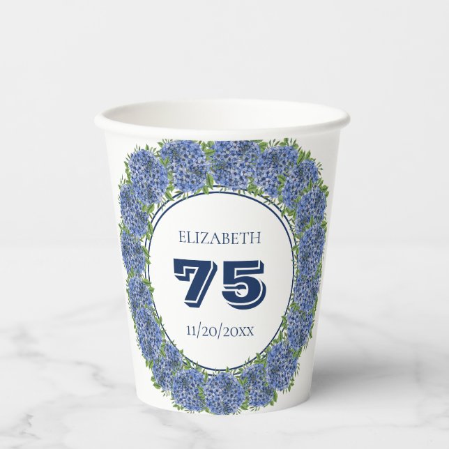 Vasos De Papel Elegante Floral Blue Hydrangeas 75ª fiesta de cump (Anverso)