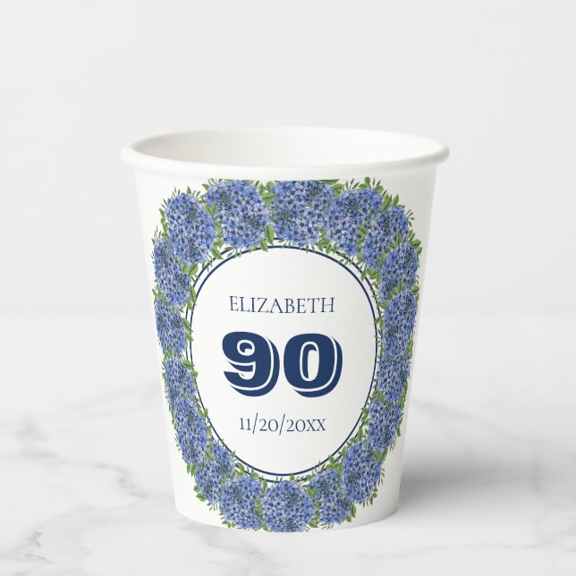 Vasos De Papel Elegante Floral Blue Hydrangeas 90º cumpleaños (Anverso)