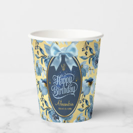 Vasos De Papel Elegante floral de oro azul personalizado cumpleañ