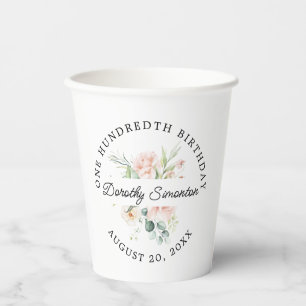 Vasos De Papel Elegante floral rosa 100 cumpleaños