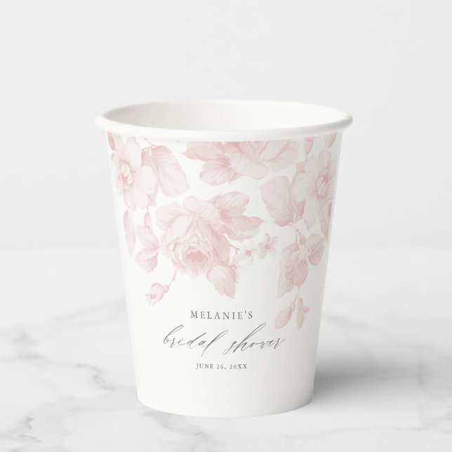 Vasos De Papel Elegante Floral Script ducha de novia rosa (Anverso)