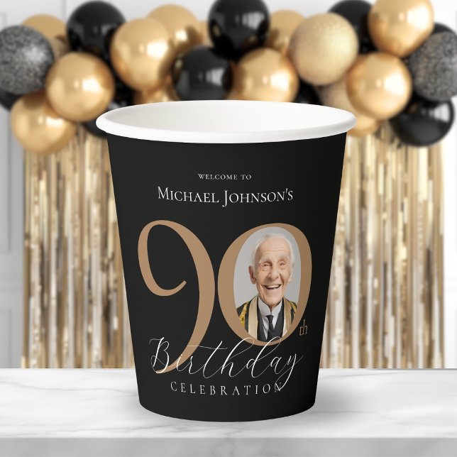 Vasos De Papel Elegante foto de oro negro 90 cumpleaños (Elegant Black Gold Photo 90th Birthday Paper Cups)