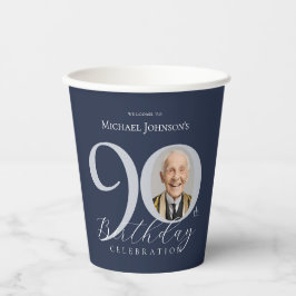 Vasos De Papel Elegante Foto Plata Azul Marino 90 Cumpleaños