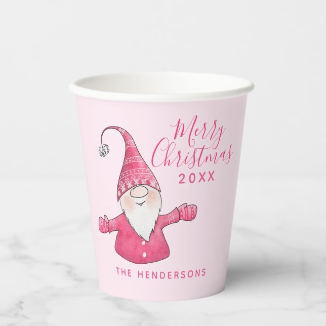 Vasos De Papel Elegante Gnome lindo Feliz Navidad rosa (Anverso)