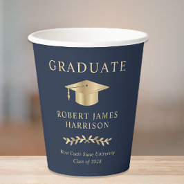 Vasos De Papel Elegante Grad Cap Blue Gold Graduation Party