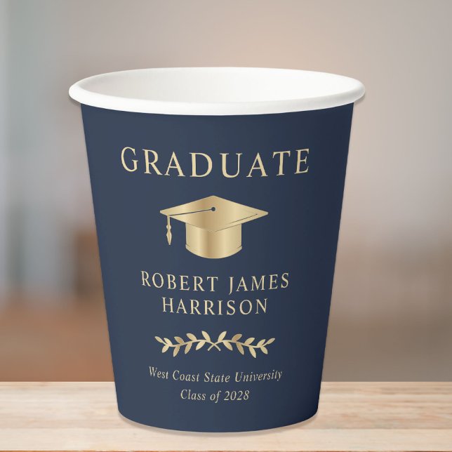 Vasos De Papel Elegante Grad Cap Blue Gold Graduation Party (Subido por el creador)