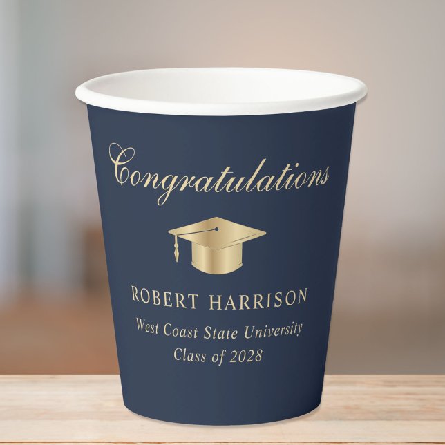 Vasos De Papel Elegante Grad Cap Blue Gold Graduation Party (Subido por el creador)