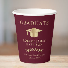 Vasos De Papel Elegante Grad Cap Burgundy Gold Graduation Party