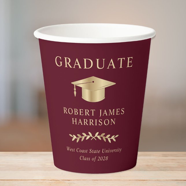 Vasos De Papel Elegante Grad Cap Burgundy Gold Graduation Party (Subido por el creador)