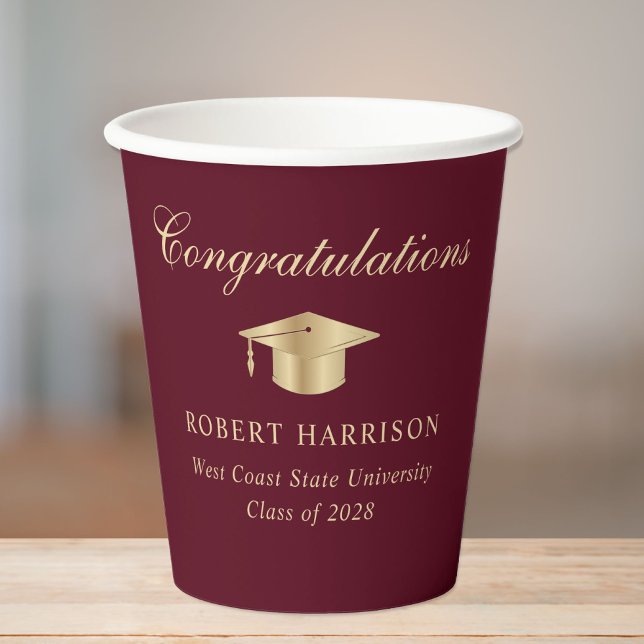 Vasos De Papel Elegante Grad Cap Burgundy Gold Graduation Party (Subido por el creador)