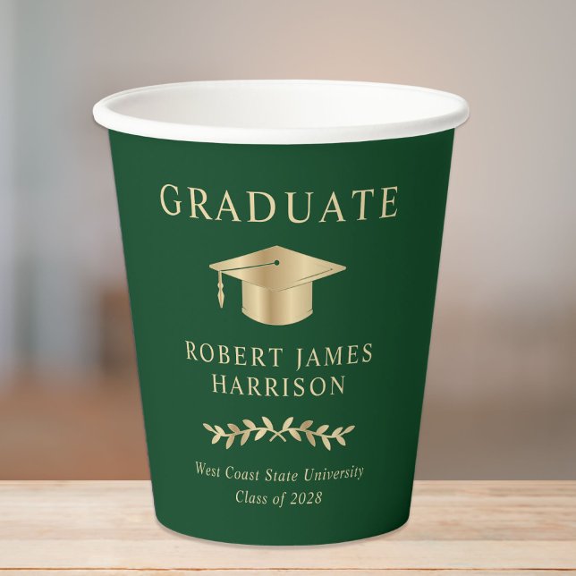 Vasos De Papel Elegante Grad Cap Green Gold Graduation Party (Subido por el creador)
