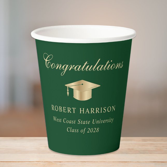 Vasos De Papel Elegante Grad Cap Green Gold Graduation Party (Subido por el creador)