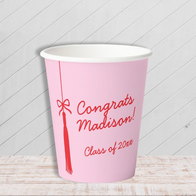 Vasos De Papel Elegante Grad Tassel Bow Rojo Rosa 2025 Graduación (Elegant Grad Tassel Bow Pink Red 2025 Graduation Paper Cups)