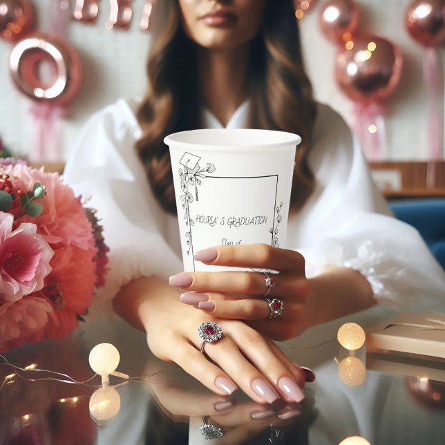 Vasos De Papel Elegante Graduación Borde floral blanco y negro (Subido por el creador)