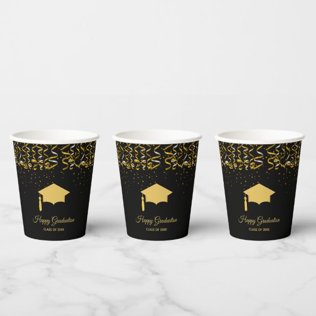 Vasos De Papel Elegante Graduación Golden Confetti en negro (Multi)