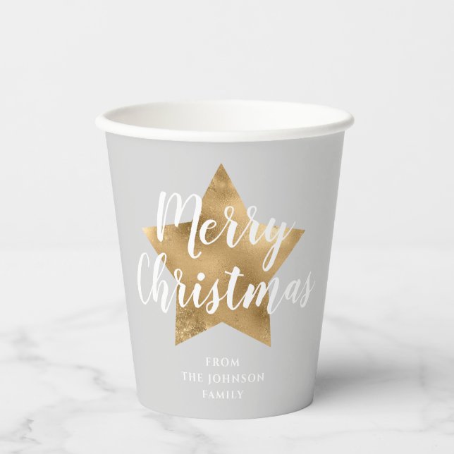 Vasos De Papel Elegante Gray Faux Gold Star Feliz Navidad (Anverso)