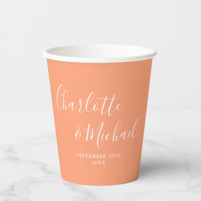 Vasos De Papel Elegante guión de firma Bodas de melocotón (Anverso)
