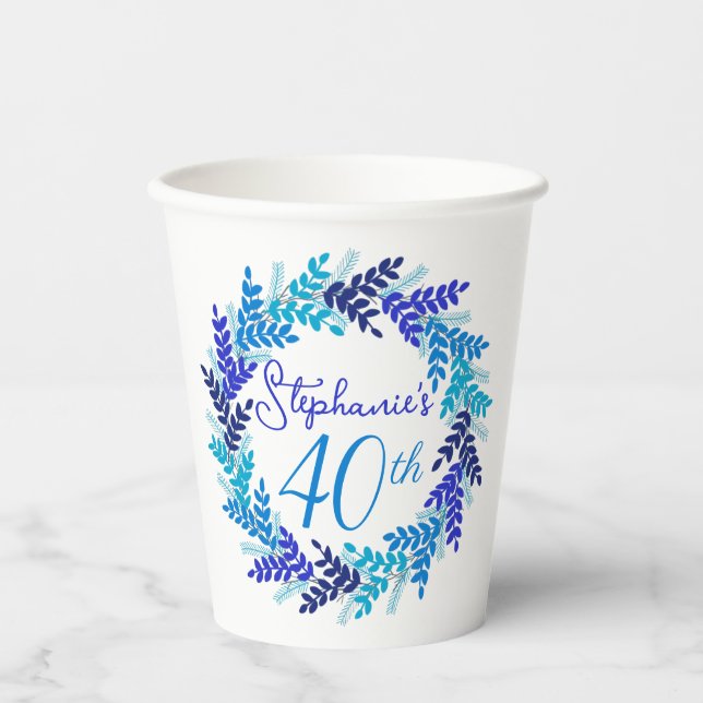 Vasos De Papel Elegante guirnalda azul 40° Fiesta de cumpleaños t (Anverso)