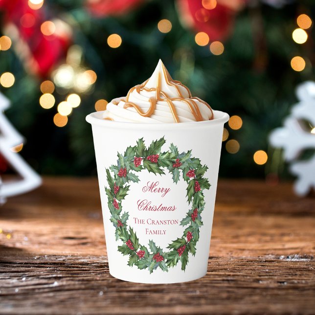 Vasos De Papel Elegante Holly y Berries guerran Feliz Navidad (Elegant Holly and Berries Wreath Merry Christmas Paper Cups)