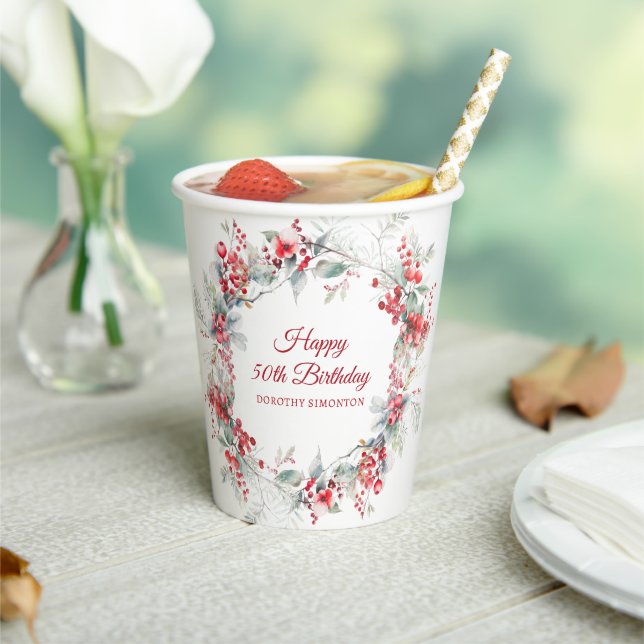 Vasos De Papel Elegante invierno Berry Botánico 50 cumpleaños (in situ)