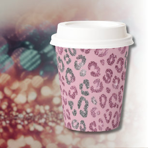 Vasos De Papel Elegante Leopardo de Brillo Rosa y Plata sobre Ros