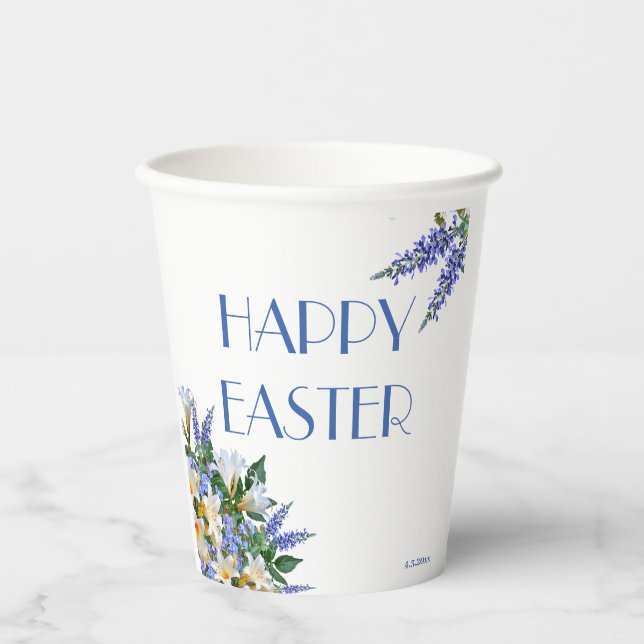 Vasos De Papel Elegante Lilies Blancos Florales Azul 'Feliz Pascu (Anverso)