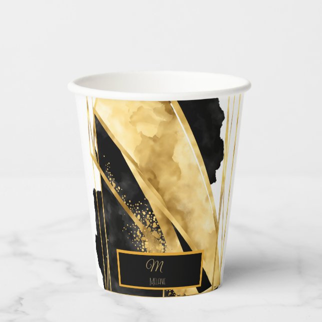 Vasos De Papel Elegante lujoso Monograma de Oro Negro Moderno Gla (Anverso)