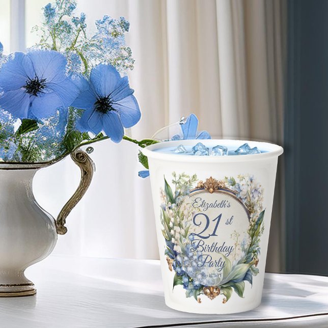 Vasos De Papel Elegante marco barroco floral 21 cumpleaños Fiesta (Elegant Baroque Floral Frame 21st Birthday Party Paper Cups)