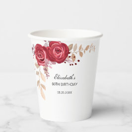 Vasos De Papel Elegante Maroon Rosa Floral Verdor Cumpleaños