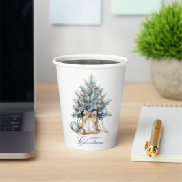 Vasos De Papel Elegante Merry Christmas Tree Gold Blue Watercolor