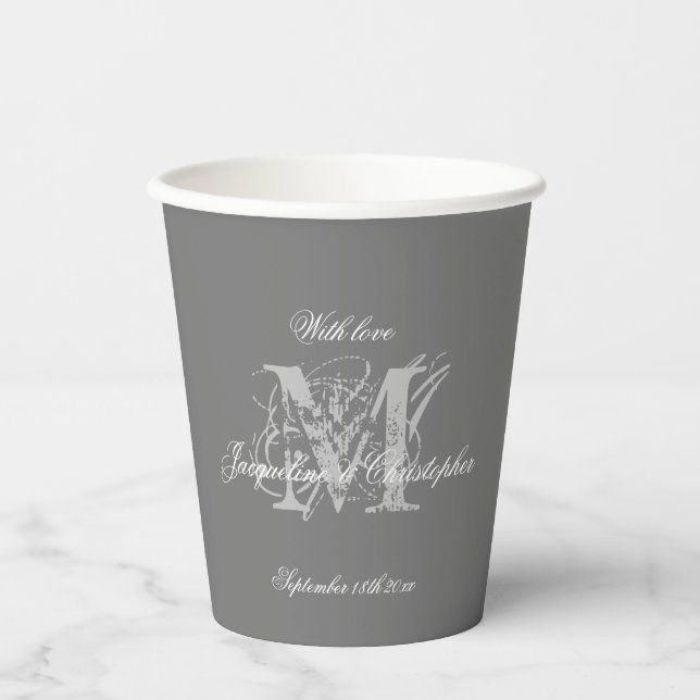 Vasos De Papel Elegante Moda Gris Boda Monograma + Nombre (Anverso)