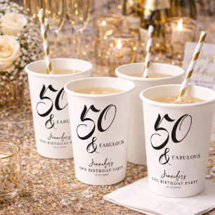 Vasos De Papel Elegante Moderno Negro Blanco Cincuenta Cumpleaños