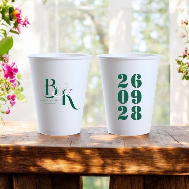 Vasos De Papel Elegante Monograma Iniciales Boda Ducha Fiesta (Elegant Monogram Initials Wedding Shower Party Paper Cups)