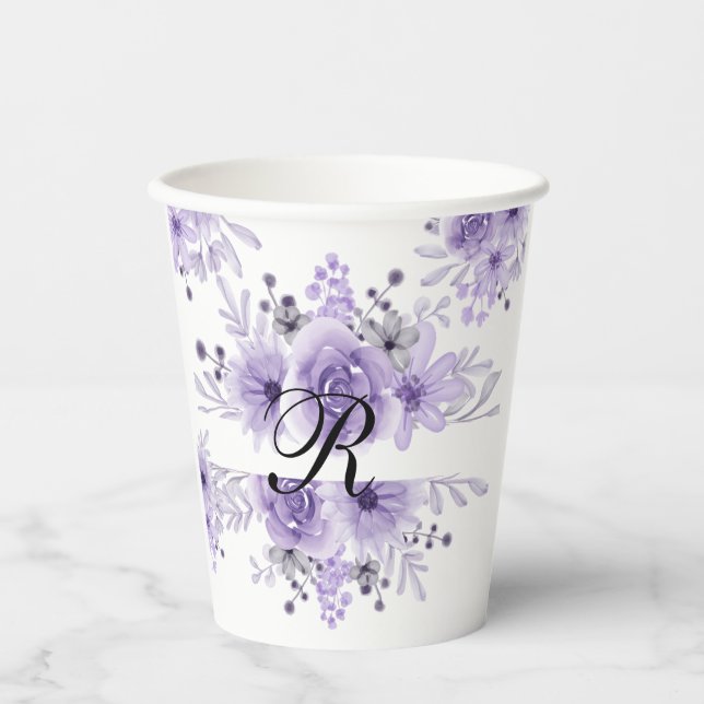 Vasos De Papel Elegante morado Lavanda Floral acuarela (Anverso)