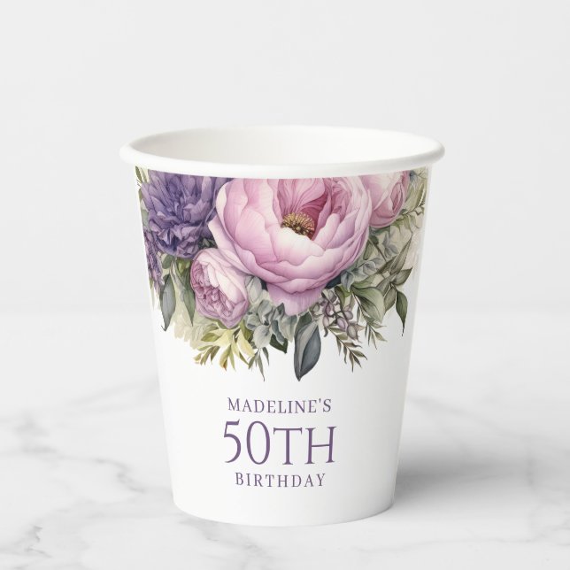 Vasos De Papel Elegante Morado Pink Floral 50 cumpleaños (Anverso)