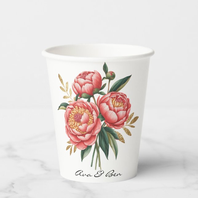 Vasos De Papel Elegante Naranja Peony Bouquet Boda (Anverso)