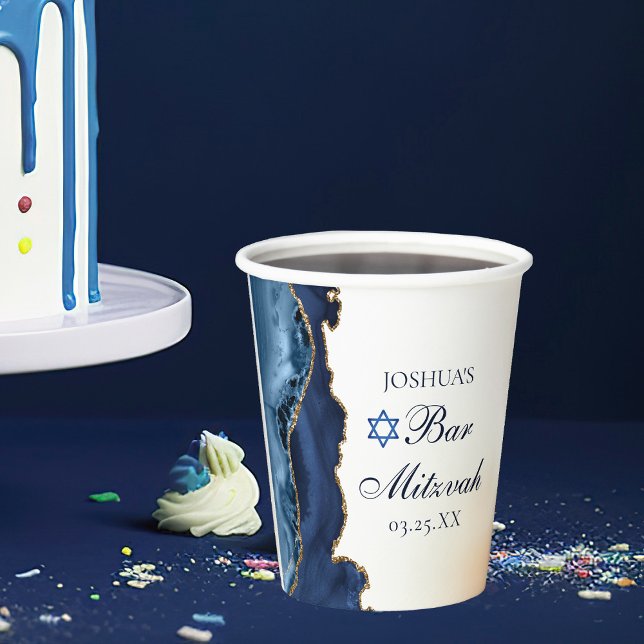 Vasos De Papel Elegante Navy Blue Gold Agate Bar Mitzvah Fiesta (Subido por el creador)