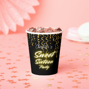 Vasos De Papel Elegante neón oro Negro retro Sweet 16º cumpleaños